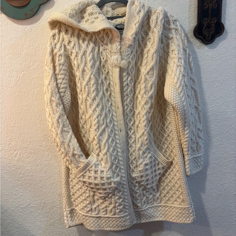 Aran Crafts Cream Cable Knit Hooded Cardigan